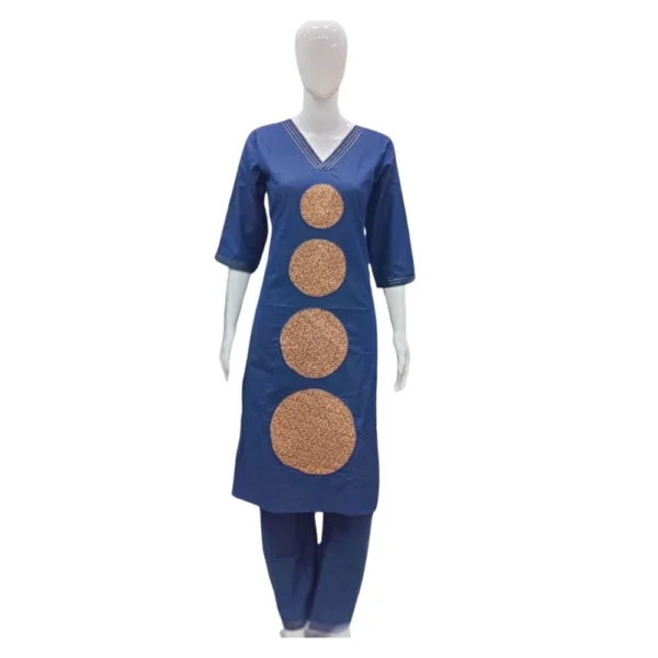 Generic Women's Cotton Blended Printed 3/4th Sleeve V Neck Kurti With Pant Set (Blue)