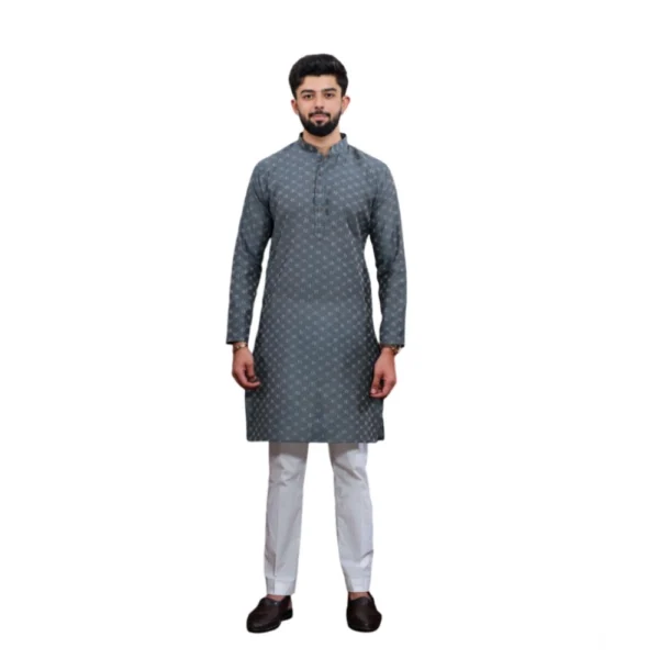 Generic Men's Casual Cotton Printed Full Sleeve Kurta Pyjama Set (Grey)