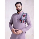 Generic Men's Rayon Mirror Embroidery Mandarin Collar Kurta (Purple) - Image 4