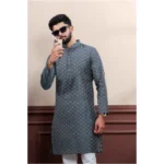 Generic Men's Casual Cotton Printed Full Sleeve Kurta Pyjama Set (Grey) - Image 3