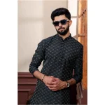 Generic Men's Casual Cotton Printed Full Sleeve Kurta Pyjama Set (Black) - Image 3