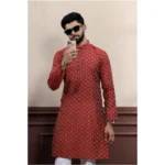 Generic Men's Casual Cotton Printed Full Sleeve Kurta Pyjama Set (Maroon) - Image 3