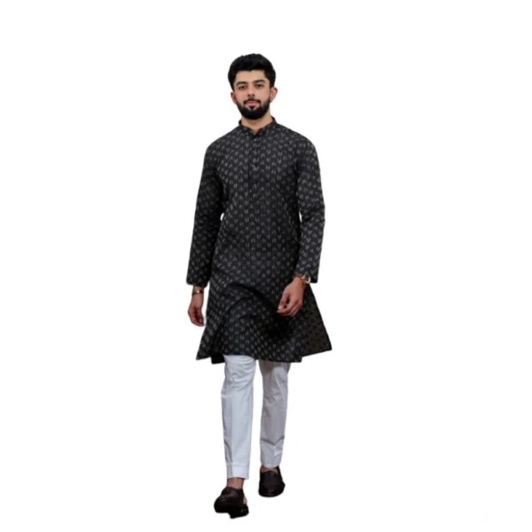 Generic Men's Casual Cotton Printed Full Sleeve Kurta Pyjama Set (Black)
