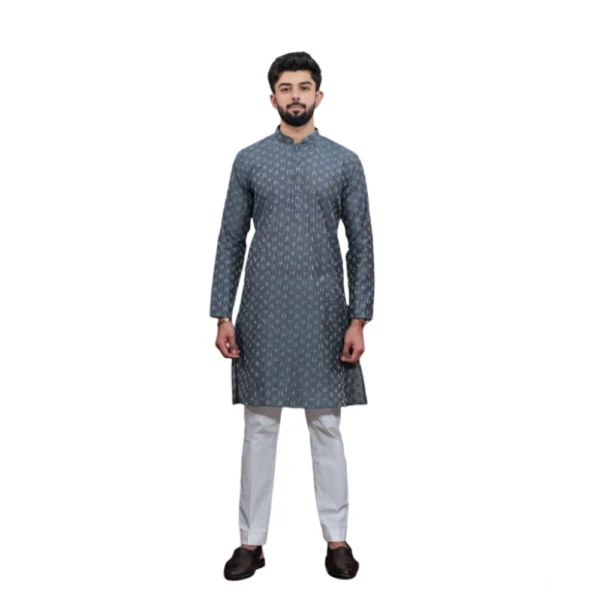Generic Men's Casual Cotton Printed Full Sleeve Kurta Pyjama Set (Grey)