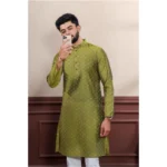 Generic Men's Casual Cotton Printed Full Sleeve Kurta Pyjama Set (Mahendi) - Image 3