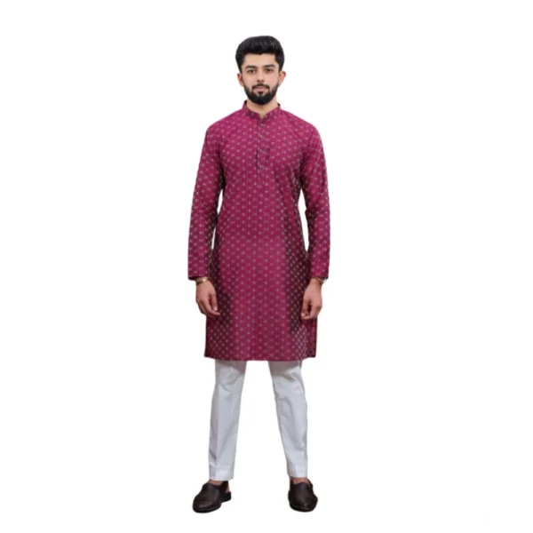 Generic Men's Casual Cotton Printed Full Sleeve Kurta Pyjama Set (Purple)