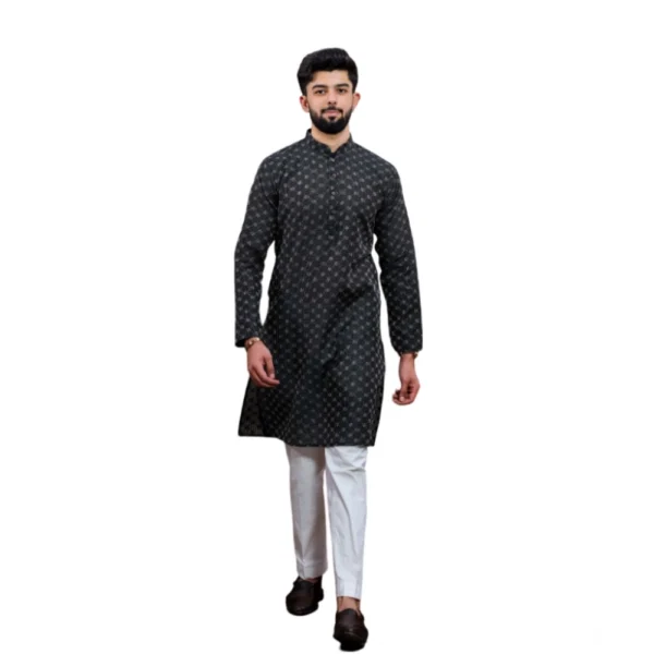Generic Men's Casual Cotton Printed Full Sleeve Kurta Pyjama Set (Black)