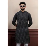 Generic Men's Casual Cotton Printed Full Sleeve Kurta Pyjama Set (Black) - Image 3