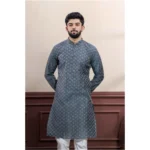 Generic Men's Casual Cotton Printed Full Sleeve Kurta Pyjama Set (Grey) - Image 3