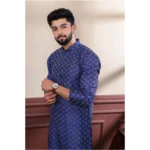 Generic Men's Casual Cotton Printed Full Sleeve Kurta Pyjama Set (Navy Blue) - Image 3
