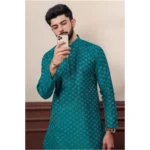 Generic Men's Casual Cotton Printed Full Sleeve Kurta Pyjama Set (Teal) - Image 3