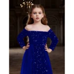 Generic Girl's Rayon Solid Off Sholder Western Dress (Blue) - Image 3