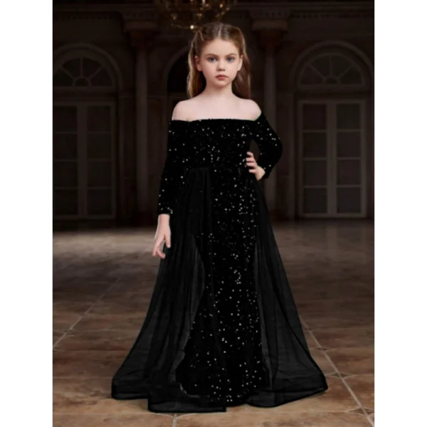 Generic Girl's Rayon Solid Off Sholder Western Dress (Black)