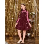 Generic Girl's Rayon Solid Round Neck Western Dress (Maroon) - Image 3