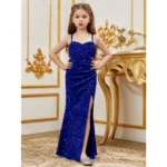 Generic Girl's Rayon Solid Off Sholder Western Dress (Blue)