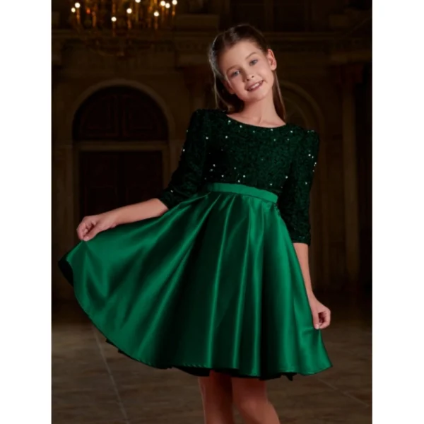 Generic Girl's Rayon Solid Round Neck Western Dress (Green)