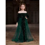 Generic Girl's Rayon Solid Off Sholder Western Dress (Green)