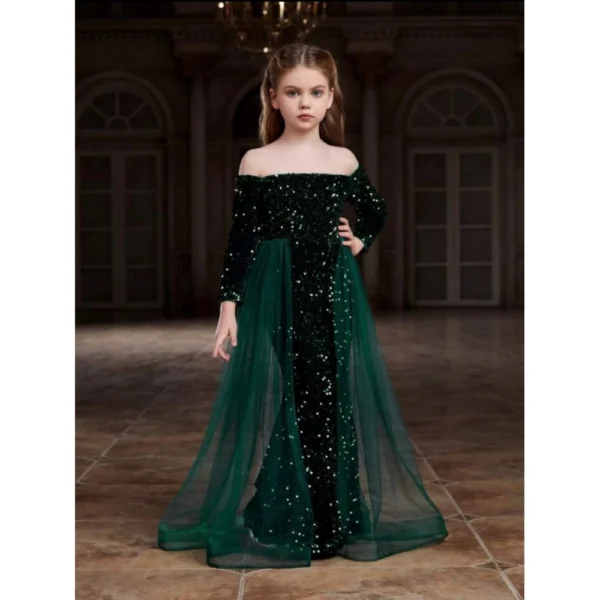 Generic Girl's Rayon Solid Off Sholder Western Dress (Green)