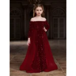 Generic Girl's Rayon Solid Off Sholder Western Dress (Maroon)