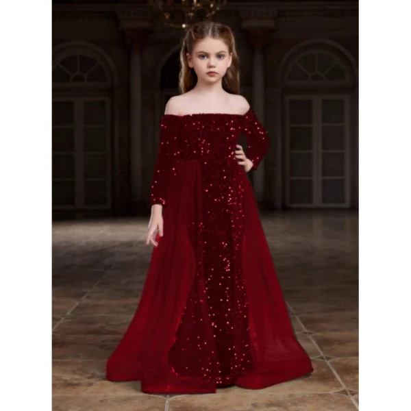 Generic Girl's Rayon Solid Off Sholder Western Dress (Maroon)