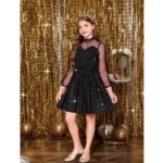 Generic Girl's Rayon Solid Round Neck Western Dress (Black)