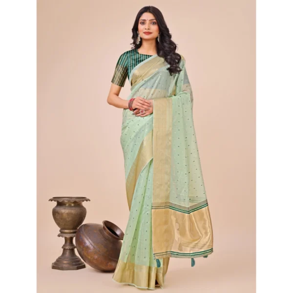 Olive Green Organza Printed Saree for Women