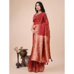 Red Printed Linen Cotton Saree - Angle 2