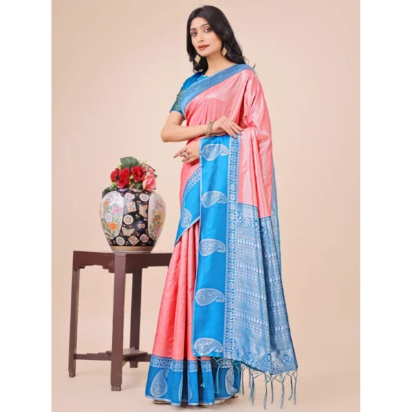 Peach Lichi Silk Printed Saree for Women