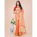 Peach Organza Printed Saree with Unstitched Blouse