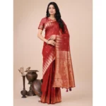 Red Linen Cotton Printed Saree with Unstitched Blouse