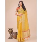 Yellow Organza Printed Saree with Unstitched Blouse