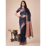 Navy Blue Linen Cotton Printed Saree for Women with Unstitched Blouse