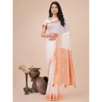 White Linen Cotton Printed Saree for Women with Unstitched Blouse
