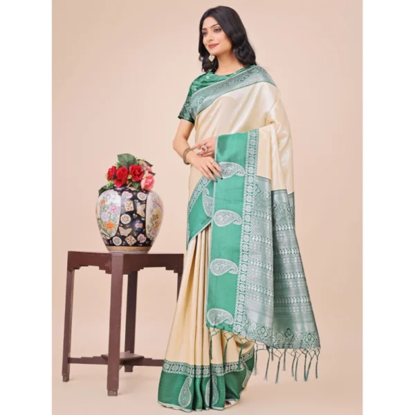 Cream Lichi Silk Printed Saree for Women