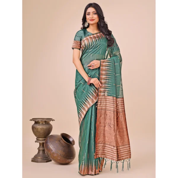 Green Linen Cotton Printed Saree with Unstitched Blouse