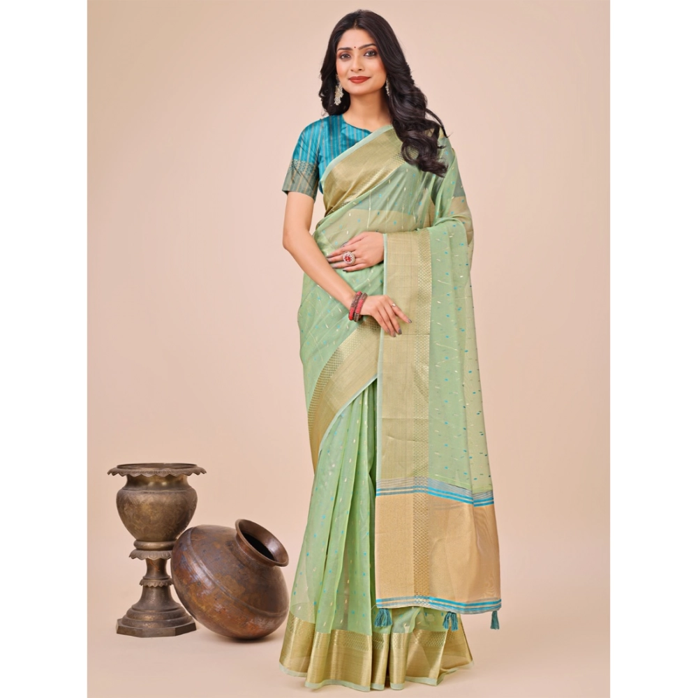 Green Organza Printed Saree with Unstitched Blouse