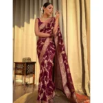 Generic Women's Silk Printed Saree With Unstitched Blouse 5.5Mtr (Maroon) - Image 3