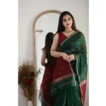 Generic Women's Cotton  Printed Saree With Unstitched Blouse 5.5Mtr (Dark Green) - Image 3