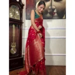 Generic Women's Silk Printed Saree With Unstitched Blouse 5.5Mtr (Red) - Image 2