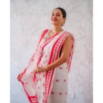 Generic Women's Cotton  Printed Saree With Unstitched Blouse 5.5Mtr (White-Pink) - Image 2