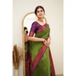 Generic Women's Silk Printed Saree With Unstitched Blouse 5.5Mtr (Green) - Image 2