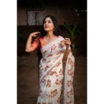Generic Women's Silk Printed Saree With Unstitched Blouse 5.5Mtr (White-Orange) - Image 2