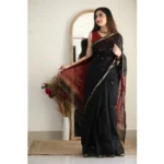 Generic Women's Cotton  Printed Saree With Unstitched Blouse 5.5Mtr (Black) - Image 3