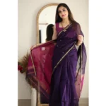 Generic Women's Cotton  Printed Saree With Unstitched Blouse 5.5Mtr (Navy Blue) - Image 3