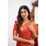 Generic Women's Silk Printed Saree With Unstitched Blouse 5.5Mtr (Orange) - Image 3