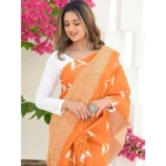 Generic Women's Silk Printed Saree With Unstitched Blouse 5.5Mtr (Orange) - Image 2