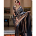 Generic Women's Silk Printed Saree With Unstitched Blouse 5.5Mtr (Blue) - Image 3