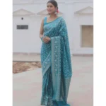 Generic Women's Silk Printed Saree With Unstitched Blouse 5.5Mtr (Sky Blue) - Image 3