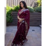 Generic Women's Cotton  Printed Saree With Unstitched Blouse 5.5Mtr (Maroon) - Image 2