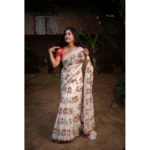 Generic Women's Silk Printed Saree With Unstitched Blouse 5.5Mtr (White-Orange) - Image 3